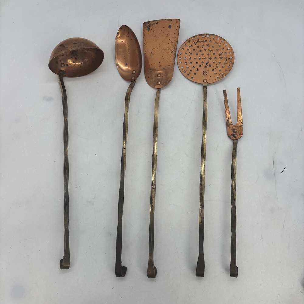Vintage Copper Brass Kitchen Utensil Set Hanging 5 Piece MCM Retro Grandma Core